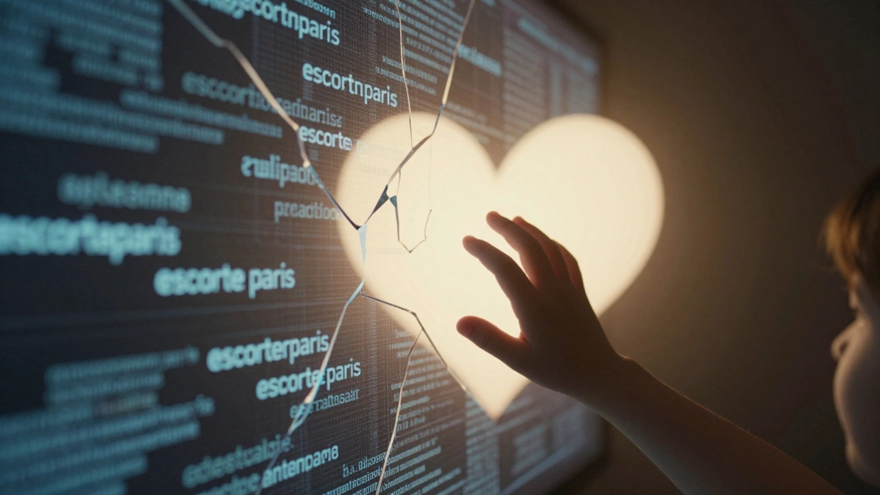 A baby&#039;s hand reaching through digital search keywords toward a warm glowing heart.