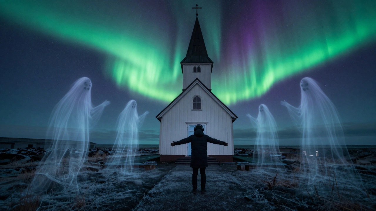 A lone figure under the northern lights in an abandoned church, ghostly sound echoes rising from the floor.