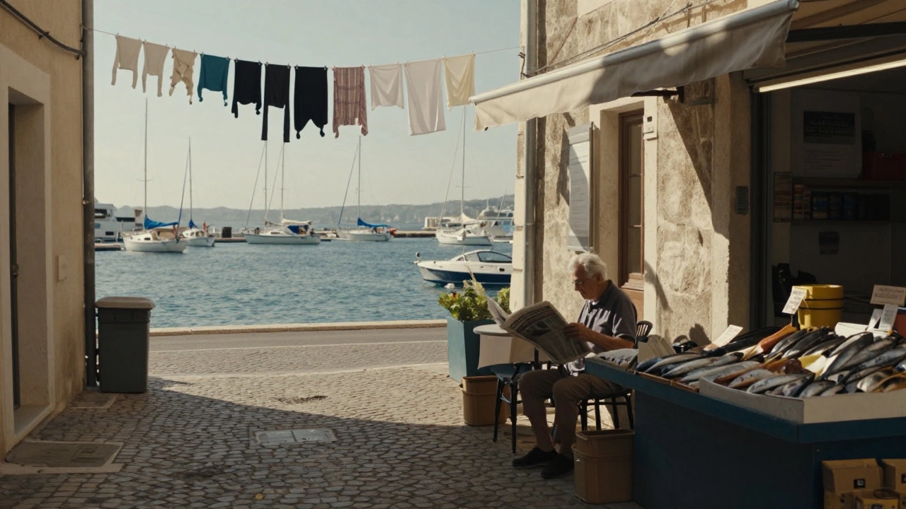 A quiet harbor street in Toulon with a café, market stalls, and sailboats in the distance.