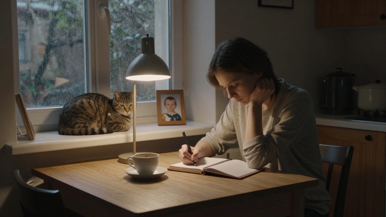 A Russian woman writes in a journal at a kitchen table in St. Petersburg, rain falling outside, a cat beside her.