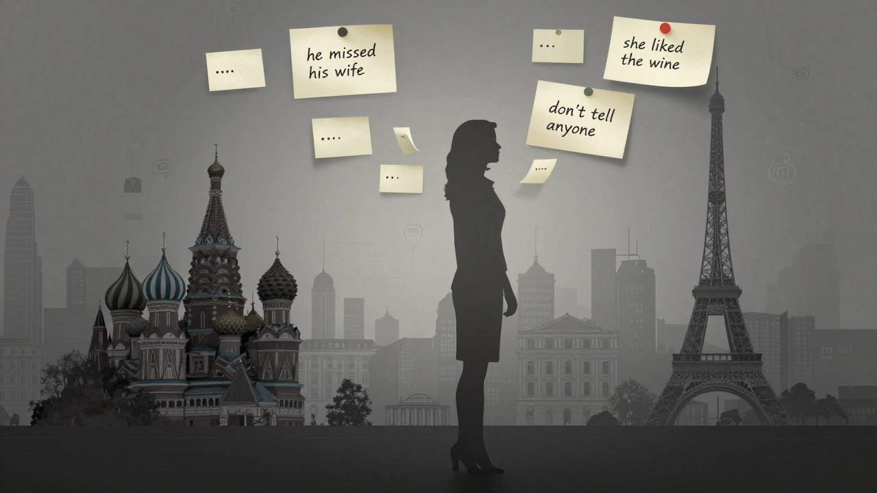A woman’s silhouette composed of floating notes with client conversations rises above a shadowy cityscape of Moscow and Paris.
