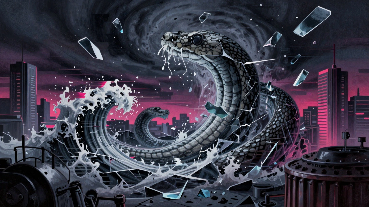 Sonic waves and glitched fragments twisting through a fractured cityscape in vivid industrial colors.